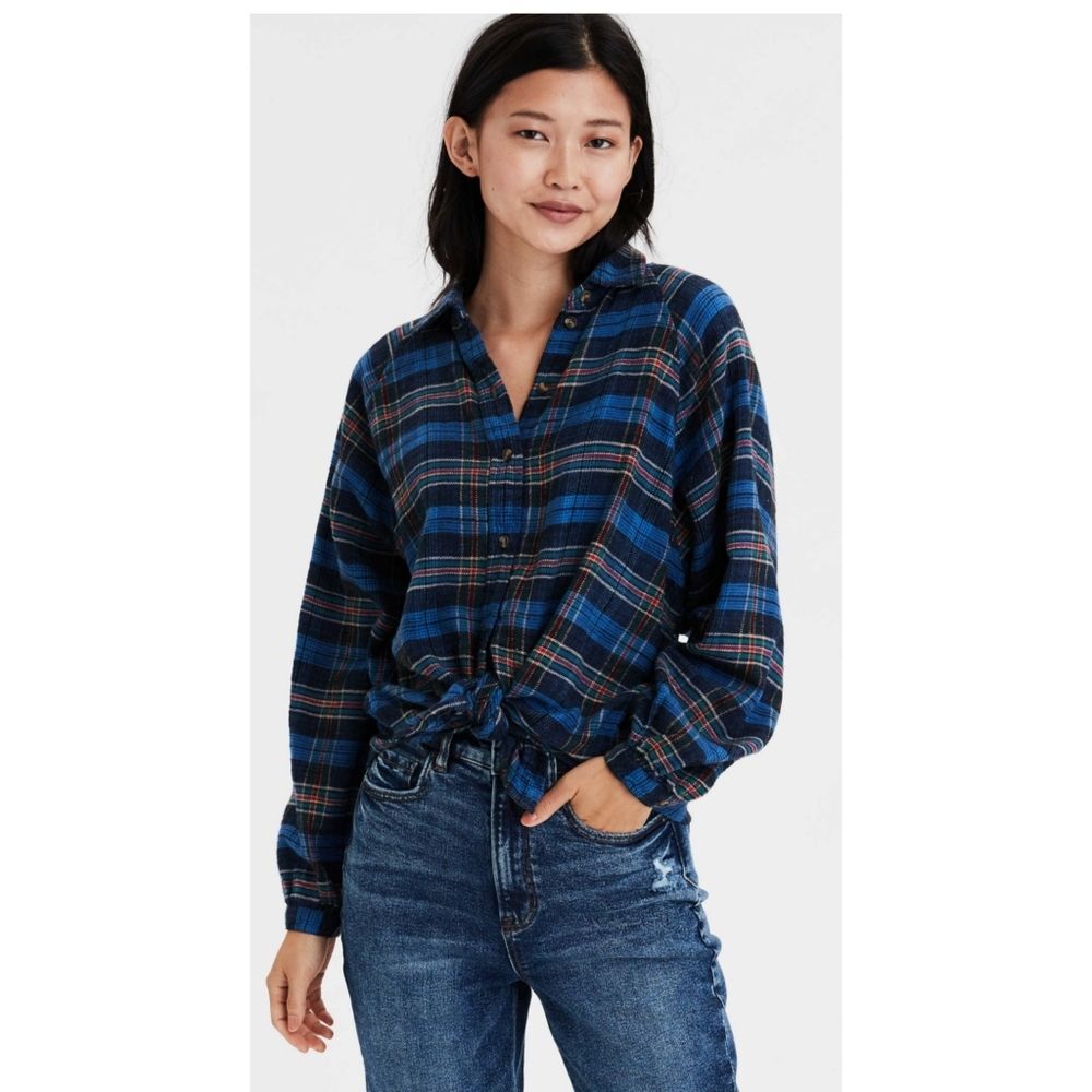 American Eagle Plaid Button-down Tie-front Flannel Size XS